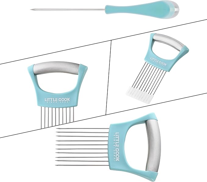 Onion Slicer Cutter, Little Cook Stainless Steel Onion Holder for Slicing and Storage of Onions, Avocados, tomato, Eggs, Dishwasher Safe, Protective Cover Included (Stylish Peapock blue)