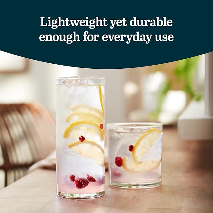 Libbey Miles Tumbler and Rocks Bar Glass Set, Clear, Sleek All-Purpose 16 Piece Glassware Set, Elegant Dishwasher Safe Dining Glasses for Everyday Use