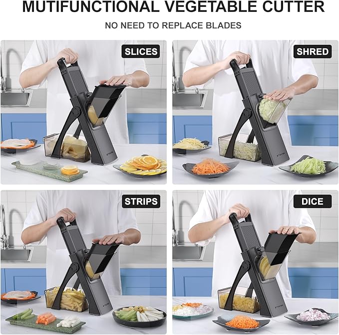 2025 [All in 1] Upgraded Version Safe Mandoline Slicer for Kitchen, Adjustable Thickness. Veggie Slicer, Rapid Prep Mandoline, Detachable Blade, Cleaning Brush/Paring Knife (Black Knight)