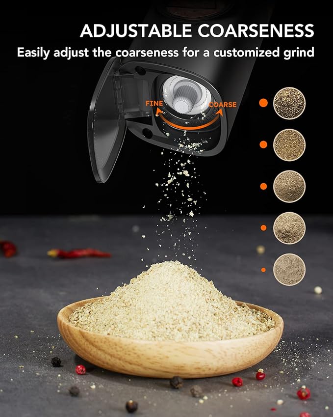 FORLIM Gravity Electric Salt and Pepper Grinder Set, Upgraded Large Capacity, USB Rechargeable Automatic One Hand Operated, Adjustable Coarseness, Auto Dust Lid, LED Light(Stain Steel Black)