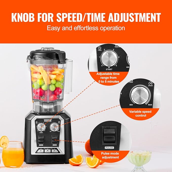 VEVOR Professional Blender, Commercial Countertop Blenders, 68 oz Jar Blender Combo, Stainless Steel 3 Functions, for Frozen Drinks, Shakes, Smoothies, Peree, and Crush Ice, Black