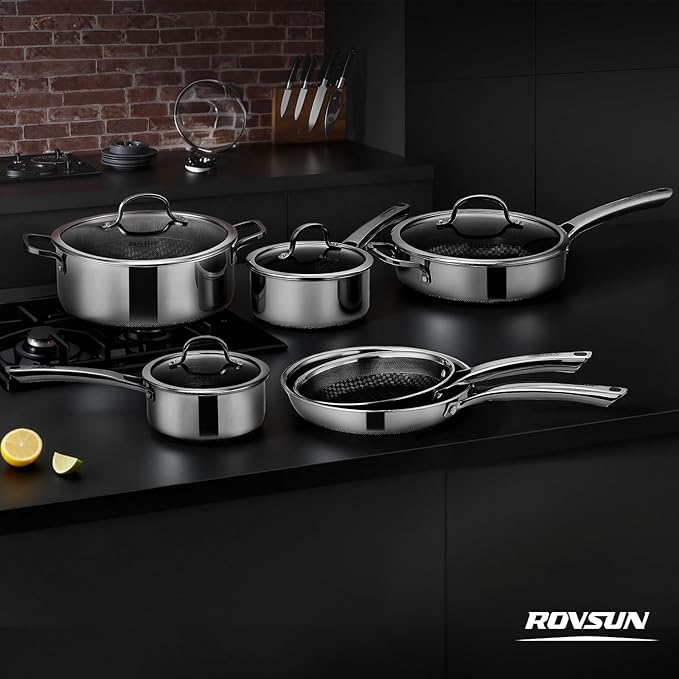 ROVSUN 10 Pcs Non-Stick Cookware Set, Stainless Steel Pots and Pans Set with Lids, Non-Toxic Kitchen Set Chef's Pan, PFOA & PTFE Free, Compatible for All Cooktops