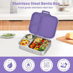 Stainless Steel Bento Lunch Box for Kids | 3-Compartment Lunch Box Container Kids | 100% Leakproof, Dishwasher-Safe, Eco-Friendly, Perfect Portion Control for Kids&Adult Healthy Meals (Purple)