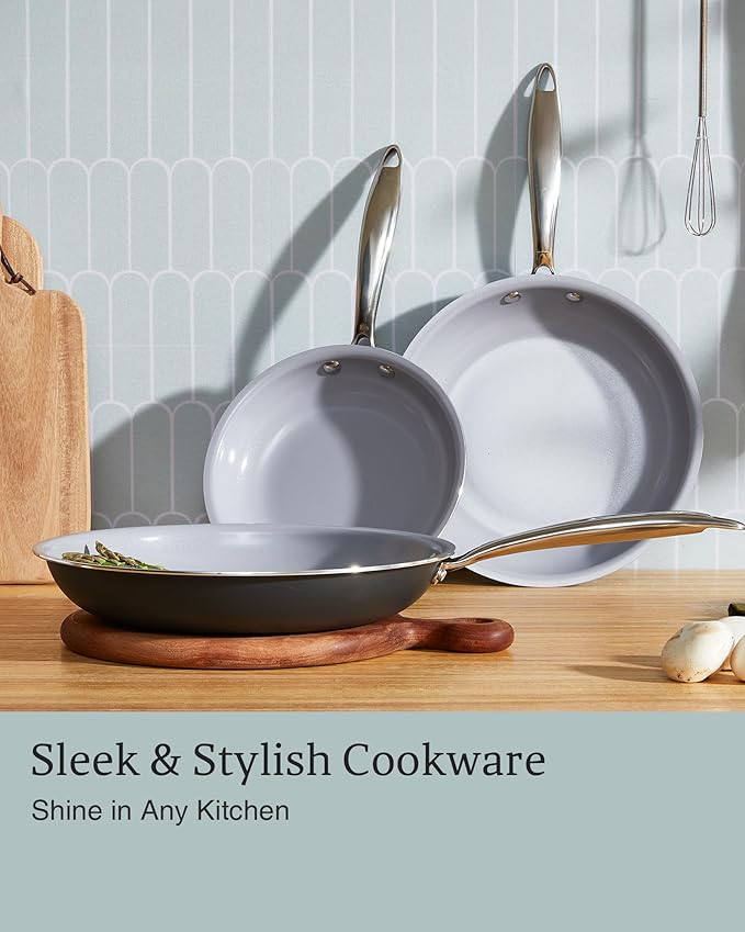 KITEXPERT Non Stick Frying Pans, Titanium Ceramic Skillet Set for Cooking, 8" 9.5" 11" Non Toxic Ceramic Pans with Stay Cool Handle, PFAS & PTFE & PFOA Free, Dishwasher and Oven Safe, Grey
