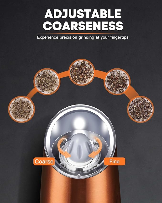 AmuseWit Gravity Electric Salt and Pepper Grinder Set [White Light] USB Rechargeable Automatic Pepper and Salt Mills,Adjustable Coarseness,One-Handed Operation, Copper