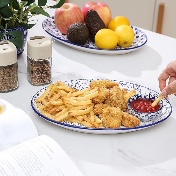 Selamica Serving Platters Ceramic, 12 Inch Serving Dishes for Party Entertaining, Oval Serving Plates for Sandwich, Appetizer, Fruit, Microwave Dishwasher Safe, Set of 4, Vintage Blue