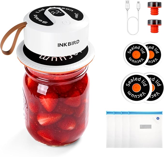 INKBIRD 3-in-1 Electric Jar Vacuum Sealer Kit for Wide/Regular Mouth Mason Jars & Bags, Wireless Portable & Automatic Mini Vacuum Sealer with Reusable Jar Lids*4 for Canning Jar, 100 Cycles, Gift