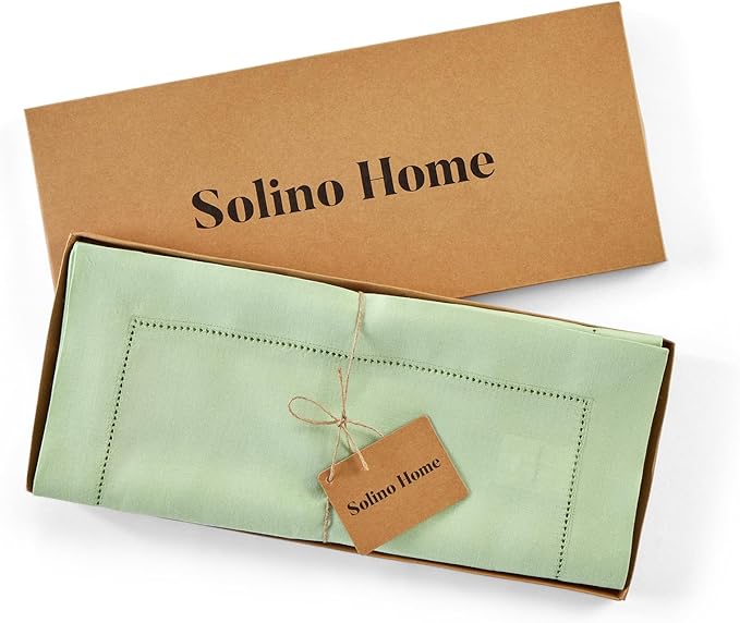Solino Home Linen Light Green Hemstitch Table Runner 48 Inches - 100% Pure Linen Small Table Runner 14 x 48 Inch Ideal for Dresser and Coffee Tables - Classic Hemstitch, Summer