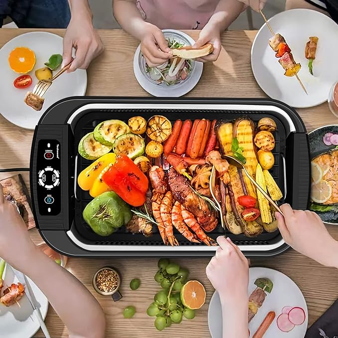 Techwood Indoor Grill Smokeless Grill, Electric Korean BBQ Grill with Glass Lid, Turbo Smoke Extractor Technology, Dishwasher-Safe Drip Tray & Nonstick Grilling Removable Plate, Black, 1500W