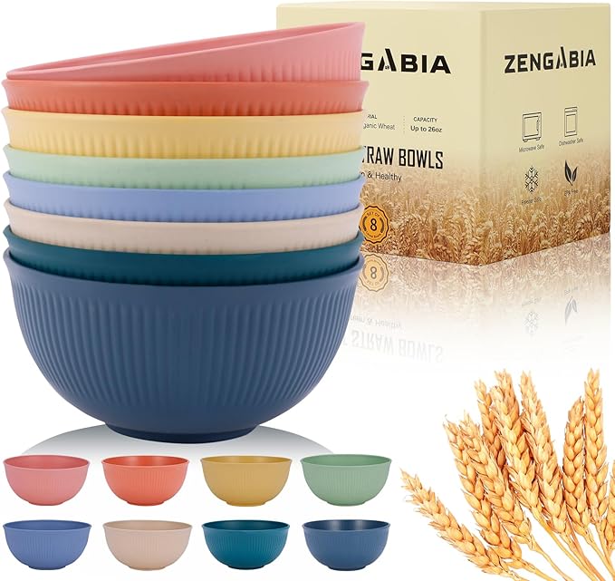 Wheat Straw Bowls, 26 Oz Unbreakable Plastic Soup Salad Cereal Bowls Sets of 8, Lightweight Reusable Microwave Dishwasher Safe BPA-Free for Kitchen Camping Ramen Snack, Multicolor