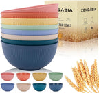 Wheat Straw Bowls, 26 Oz Unbreakable Plastic Soup Salad Cereal Bowls Sets of 8, Lightweight Reusable Microwave Dishwasher Safe BPA-Free for Kitchen Camping Ramen Snack, Multicolor