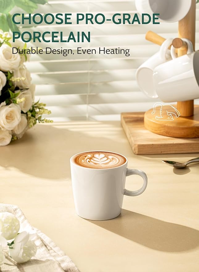 Sweese 5oz Porcelain Espresso Cups Set of 4, Mini Coffee Mugs Demitasse Cups - White