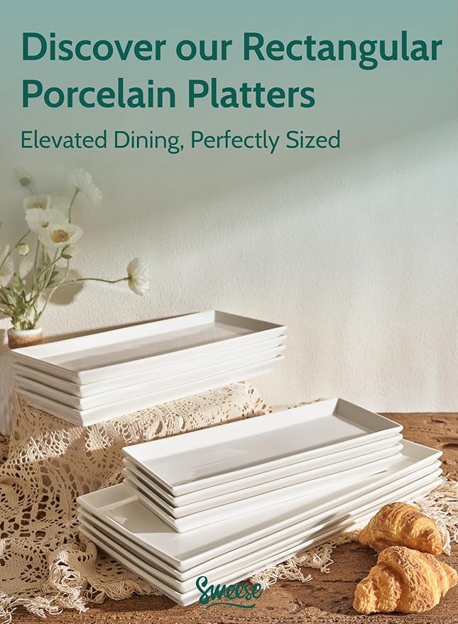 Sweese Rectangular Porcelain Platters, Serving Trays for Parties, 13.8 Inch Large Serving Dishes for Steak, Taco, Sushi, Appetizer, Cake - Dishwasher & Oven Safe - Set of 4, White