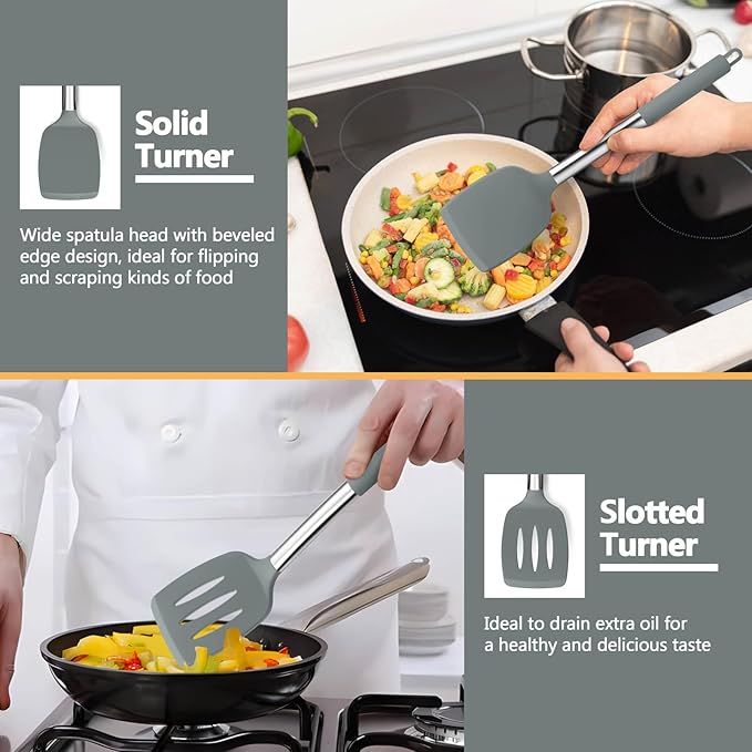 P&P CHEF Gray Kitchen Cooking Utensil Set of 4, Silicone Solid Spatulas Slotted Spoons Turners for Non-stick Cookware Flipping Mixing, Heat-proof