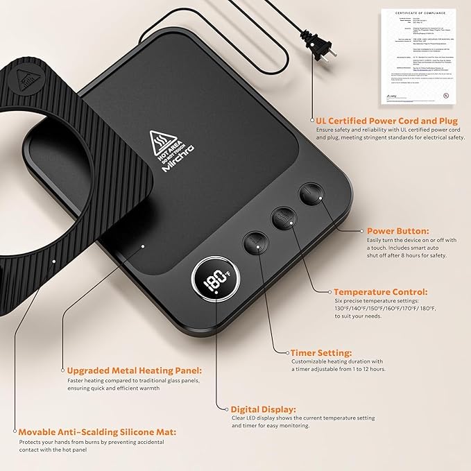 Coffee Mug Warmer & Mug Set for Desk, 36W Mug Warmer with Temperature Display, 1-12H Timer & 6 Temperature Settings, Fast Heating, Auto Shut Off, Smart Coffee Cup Warmer for Coffee (Black Set)