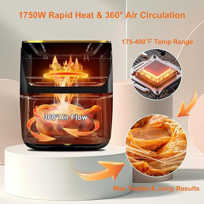 Air Fryer, 8.5Qt Large Family Size, 8-in-1 Function Digital Touch Screen, Easy Viewing Windows, 1750W Fast Air Frying up to 400℉, Auto Shut Off, Nonstick and Dishwasher-Safe Basket