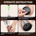 Premium Stainless Steel Sea Salt and Pepper Grinder Set of 2 - Adjustable Ceramic - Tall Glass Salt and Pepper Shakers - Pepper Mill & Salt Mill W/Funnel (2.6"W x 7.5"H)