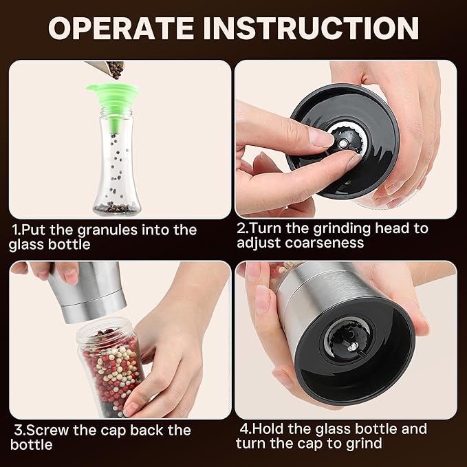 Premium Stainless Steel Sea Salt and Pepper Grinder Set of 2 - Adjustable Ceramic - Tall Glass Salt and Pepper Shakers - Pepper Mill & Salt Mill W/Funnel (2.6"W x 7.5"H)