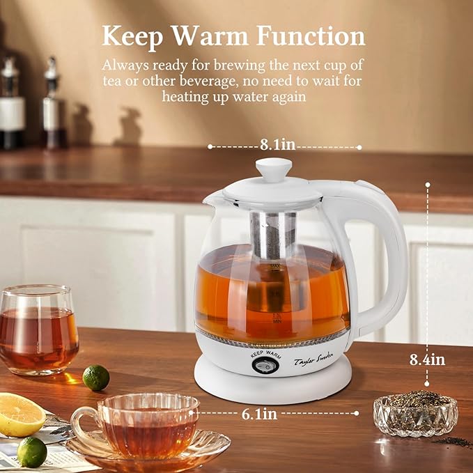 Taylor Swoden Electric Kettle with Tea Infuser, 1L Small Electric Tea Kettle with Keep Warm, LED Light Hot Water Boiler & Heater for Coffee & Tea, Auto Shut-Off & Boil Dry Protection, BPA Free, White