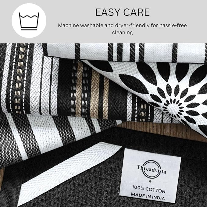 Assorted Kitchen Towels Large 16x26 Inch 100% Cotton Set of 5 - Dish Cloths Towels with Hanging Loop - Soft Absorbent Washable Tea Towels for Kitchen - Quick Drying Dish Towels Black