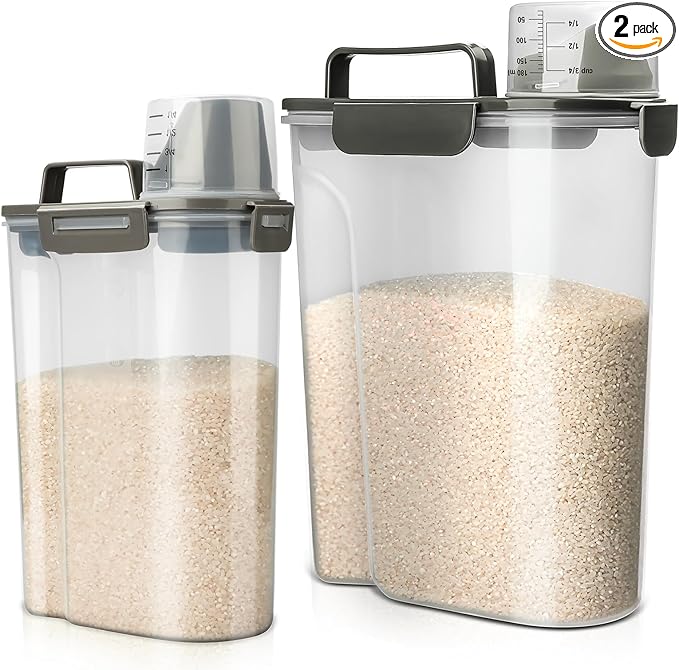 Rice Storage Container, 5 to 10lb Dry Food Airtight Dispenser, Pet Dog Cat Food Canister, BPA Free Clear Plastic Kitchen and Pantry Bin for Oatmeal, Cereal, Pasta, Flour Pack of 2 Grey