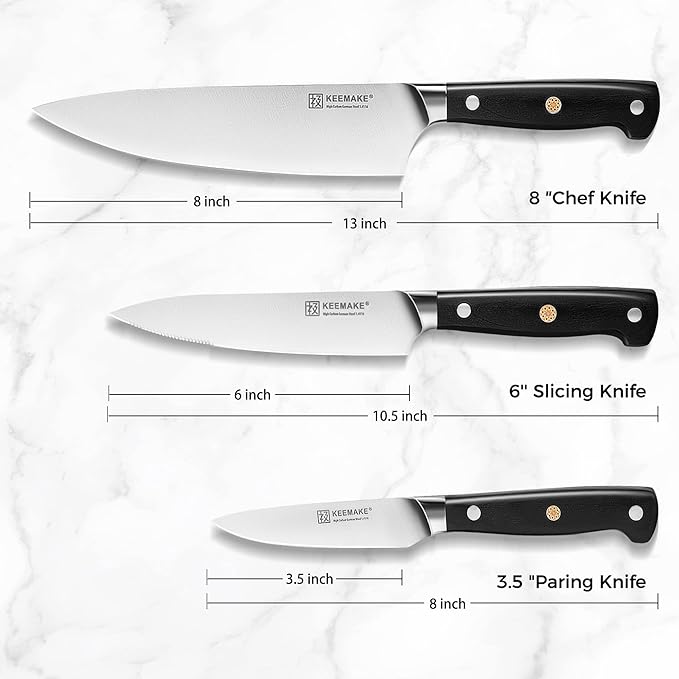 KEEMAKE Kitchen Knife Set, 3PCS Sharp High Carbon Stainless Steel Knives Set for Kitchen with Ergonomic Handle, Chef Knife set Professional Carving Knife Set for Meat Vegetable Fruit