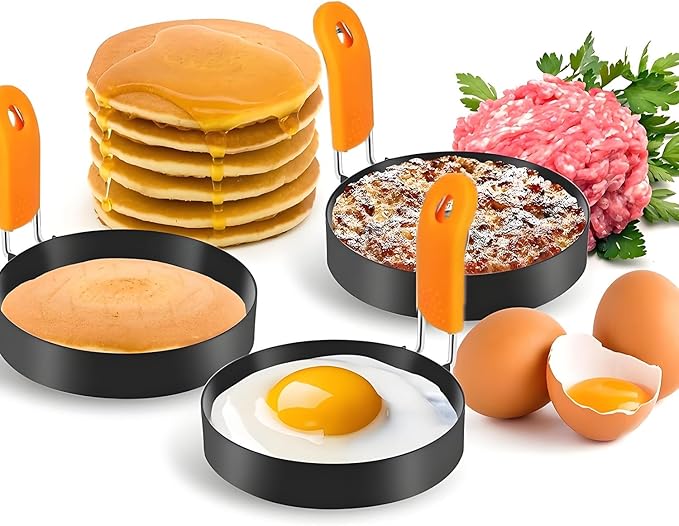 4PCS 3.5" Stainless Steel Egg Ring, Non Stick Omelet Mold with Brush Professional Pancake Mold Ring with Silicone Handle Egg Muffin for Breakfast, Mini Pancakes, and Fried Eggs.