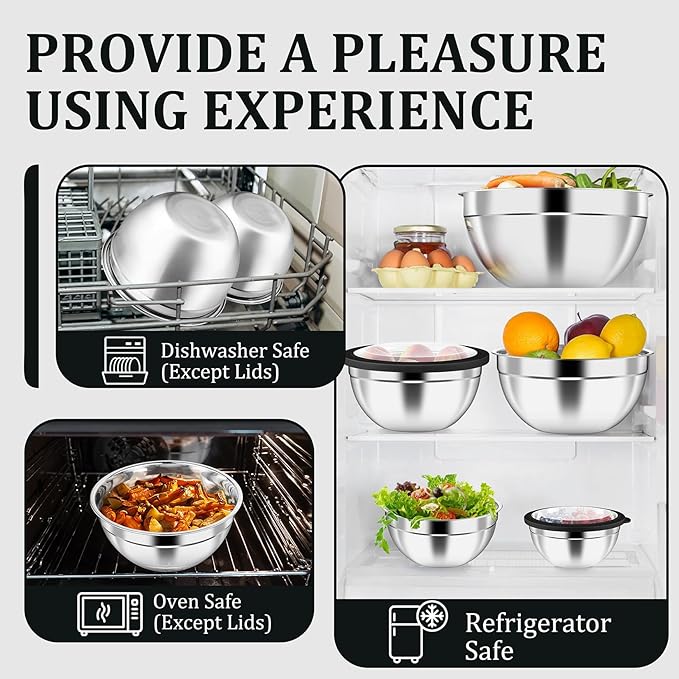 P&P CHEF Mixing Bowl with Visible Airtight Lid Set of 5, 10-Piece Stainless Steel Nesting Salad Bowl Set for Prepping, Mixing and Serving, Size 4.6, 3, 1.5, 1, 0.7 QT, Rimmed Edges & Flat Base, Black
