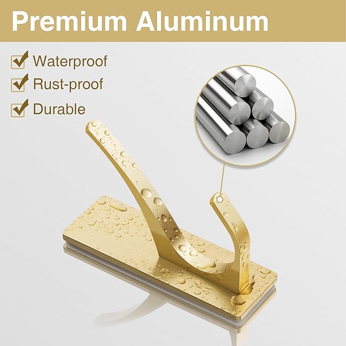 Self Adhesive Coat Hooks for Hanging, Heavy Duty Stainless Double Wall Hook for Towel, Backpack, Hat, Sturdy Metal Hanger for Bathroom, Bedroom, Door, Wall Mounted, 6-Pack, Brushed Gold