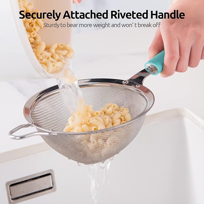 18/8 Stainless Steel Mesh Strainer: U-Taste 5.5 Inch Kitchen Fine Mesh Sieve Food Colander with Riveted Sturdy Silicone Handle and 30 Mesh Hole for Straining Flour, Pasta, Fruit, Quinoa(Aqua Sky)