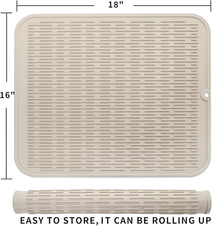 Silicone Dish Drying Mat for Multiple Usage,Easy clean,Eco-friendly,Heat-resistant Silicone Mat for Kitchen Counter or Sink,Refrigerator or Drawer Liner Tapioca XL 18 inches x 16 inches
