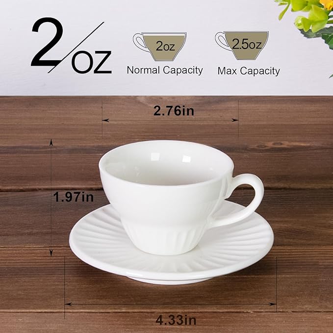2 oz White Espresso Cups Set of 2, Ceramic Cappuccino Cups with Saucers, Durable Porcelain Tea Set & Modern Coffee Cup Collection, Coffee Lover Gifts