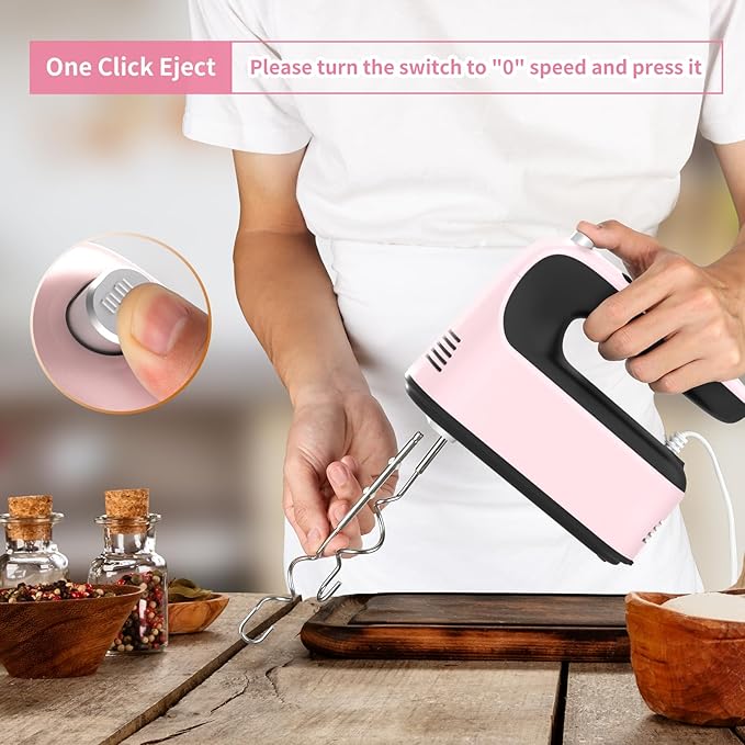 9-Speed Digital Hand Mixer Electric, 400W Powerful DC Motor, Baking Mixer Handheld with Snap-On Storage Case, 5 Stainless Steel Accessories, Flat Beaters, Dough Hooks, Whisk (Pink&Black)