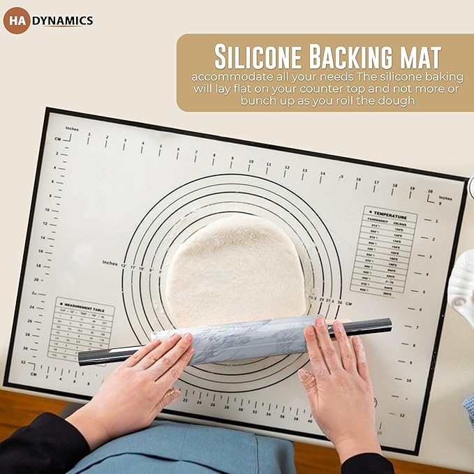 Professional Marble Rolling Pin for Dough - Solid Precise Pizza Dough Roller Marble Rolling Pin for Baking including Silicone Baking Mat, Steel Dough Scraper, Wooden Cradle - Gift for Bakers