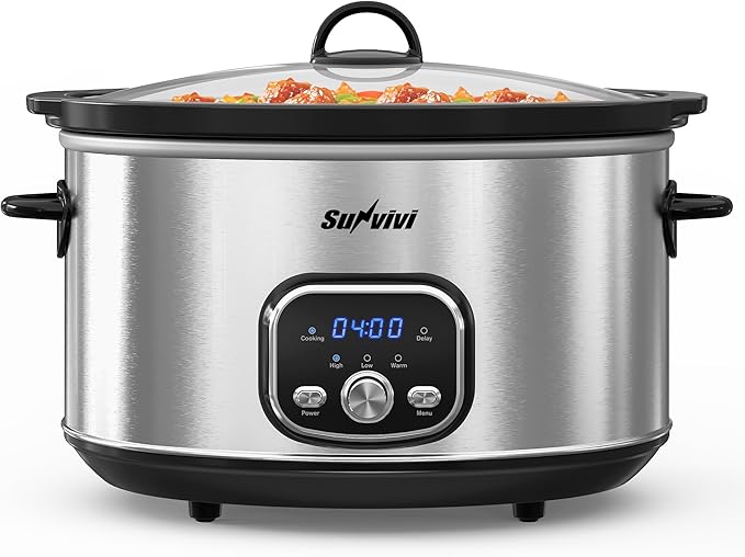 Sunvivi Slow Stew Pot - Electronic - Stainless Steel Color -8.5 QT: Multi-Cooker Food Warmer with Delay Function, Adjustable Tempature Control, Dishwasher Safe, Perfect for Families, Sliver
