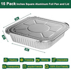 8x8 Inch Disposable Aluminum Foil Pans with Lids (15 Pack) - Heavy-Duty Baking Trays for Air Fryer, Oven- Reusable & Leakproof Design