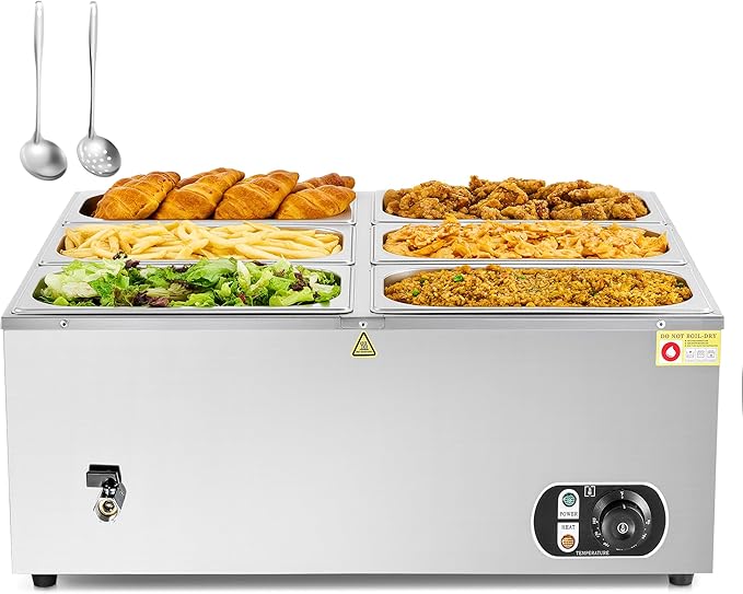WILPREP Commercial Food Warmer with Six 1/3 Pans, 1500W Countertop Electric Warmer, 86-185°F Adjustable Temp Control & Over-Temp Protection, Stainless Steel Buffet Bain Marie