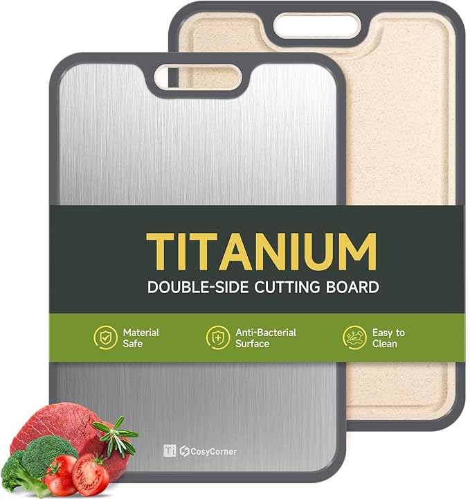Titanium Cutting Board for Kitchen, Cutting Boards Large Size, Double Sided Chopping Board, Pure Titanium/Wheat Straw PP, 15.2×10.4 inch, Dishwasher Safe-1 PC