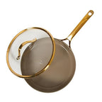 Bloomhouse - Two Time Oprah's Favorite Things Winner - 10 Inch Heavy Duty Aluminum Premium PFA Free Ceramic Nonstick Saute/Deep Frying Pan Skillet with Lid - Cappuccino Cream with Gold Handle