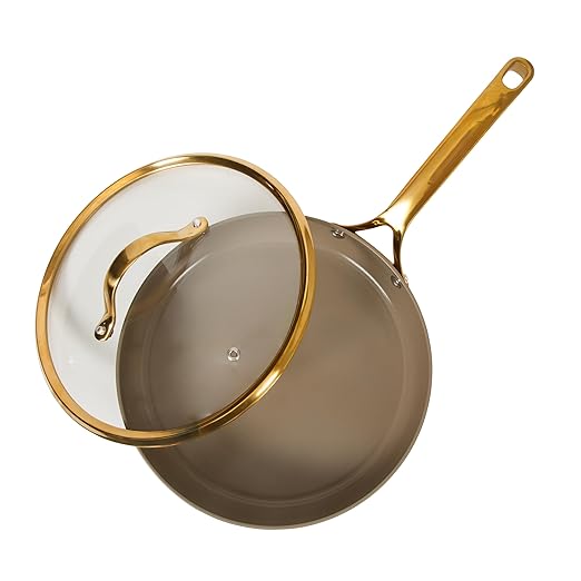 Bloomhouse - Two Time Oprah's Favorite Things Winner - 10 Inch Heavy Duty Aluminum Premium PFA Free Ceramic Nonstick Saute/Deep Frying Pan Skillet with Lid - Cappuccino Cream with Gold Handle