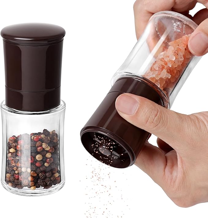 Vzaahu Salt and Pepper Grinder Set Brown, Refillable Small Shakers, Adjustable Coarseness, Ceramic Burr, Peppermill, Kitchen Cooking