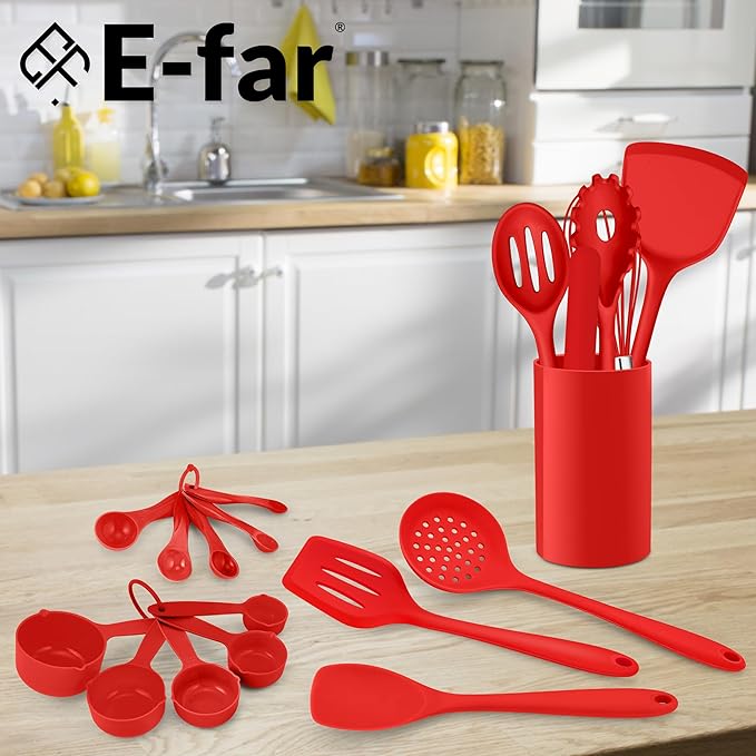 E-far Silicone Cooking Utensils Set, 24Pcs Heat Resistant Kitchen Utensil with Holder, Silicone Kitchen Tools with Spatula Turner Spoon Tongs Whisk, Non-Toxic & Dishwasher Safe (Red)