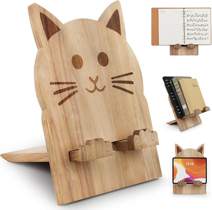 Wood Cookbook Stand for Kitchen Counter Cat Shaped Recipe Holder Book Shelf iPad Support Music Rest
