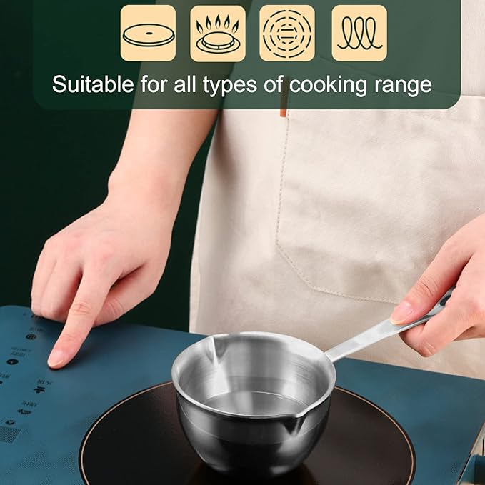 Mini Butter Warmer, 6.7oz/200ml Stainless Steel Mini Butter Warmer Coffee Milk Warmer Pot with Dual Pour Spouts Small Saucepan Chocolate Melting Pot (Silver)