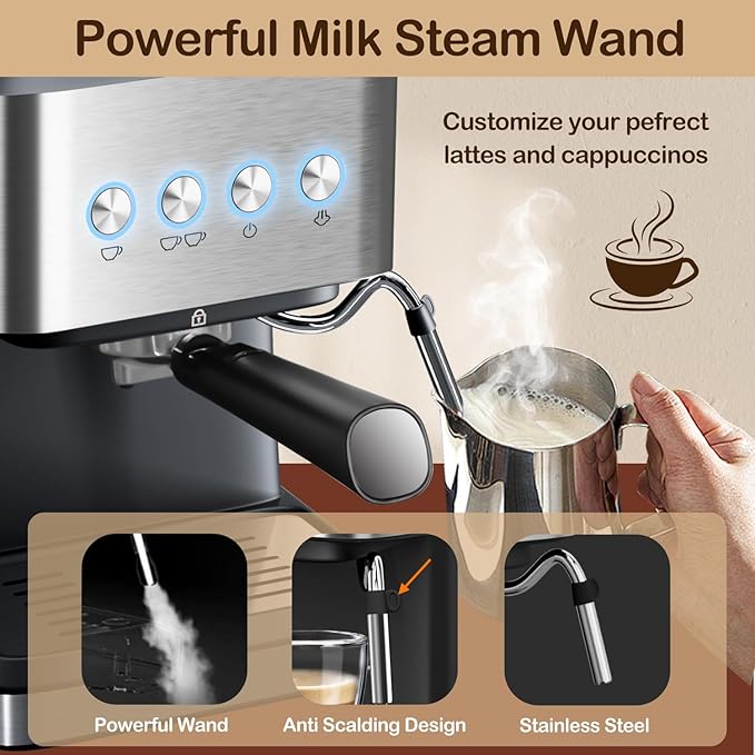 Espresso Machine with Milk Frother, 20 Bar Espresso Maker for Cappuccino&Latte, Compact Coffee Maker for Home&Office, 50oz Removable Water Tank, Stainless Steel