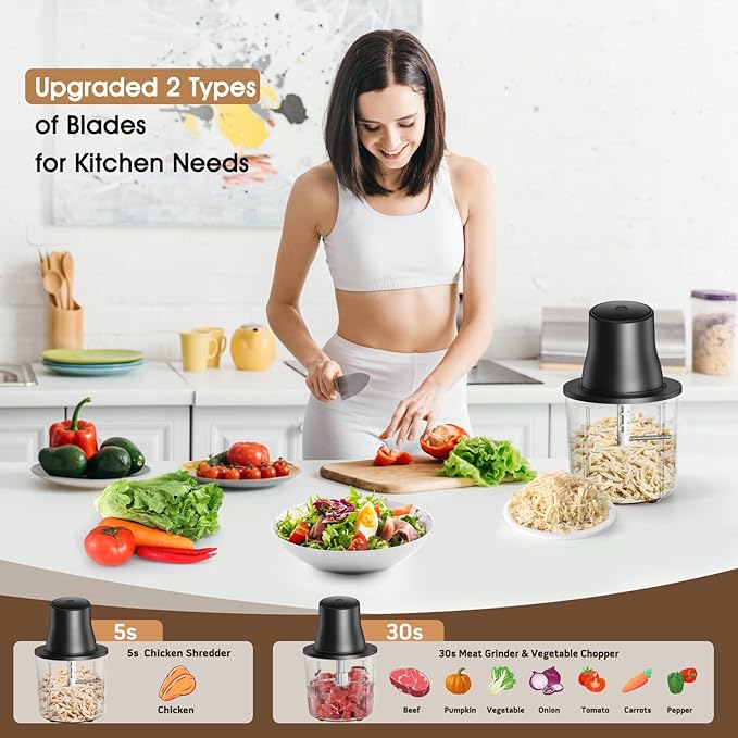 Chicken Shredder, Electric Food Chopper with Meat Grinder & Chicken Breast Shredder Tool with 250W Copper Motor, 1.5L Bowl & Bi-Level Blades Anti-Slip Base for Meat/Fruits/Vegetable/Pet Food