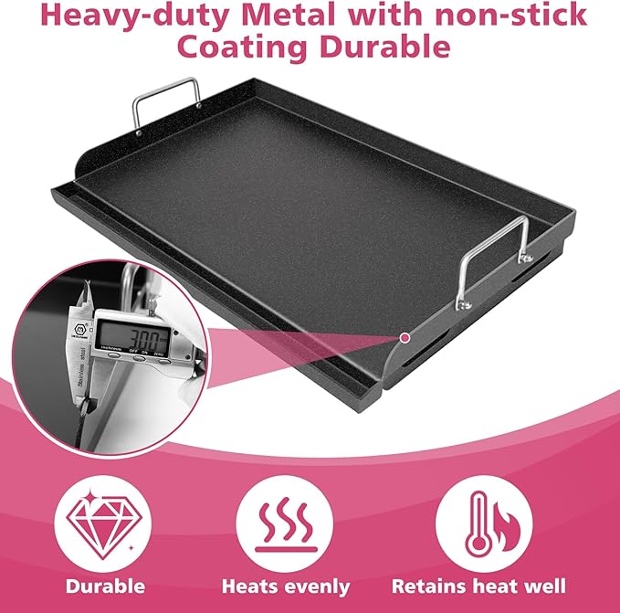 Universal 25" x 16" Nano-Ceramic Nonstick Coating Grill Griddle for Gas Grill, Cast Iron Griddle for Charcoal, Gas Grills, Camping, Flat Top Plate Insert with Grease Groove and Removable Handles