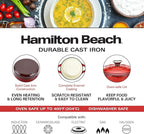 Hamilton Beach 3-Quart Enameled Cast Iron Dutch Oven with Lid | Heavy-Duty Pot for Braising, Roasting & Baking | Red