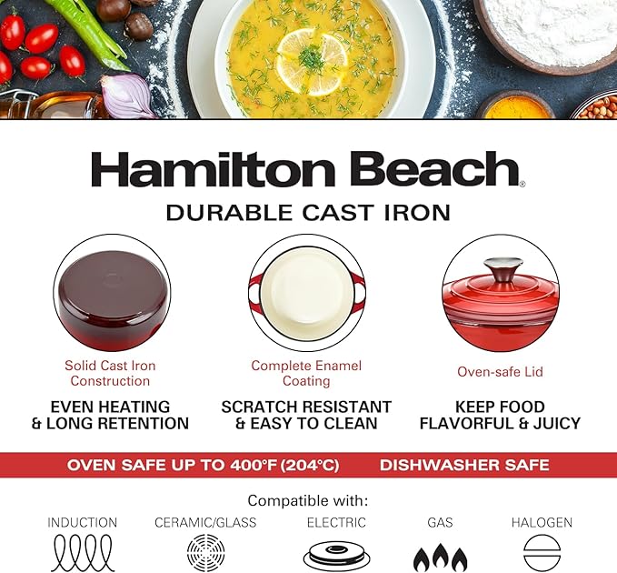 Hamilton Beach 3-Quart Enameled Cast Iron Dutch Oven with Lid | Heavy-Duty Pot for Braising, Roasting & Baking | Red