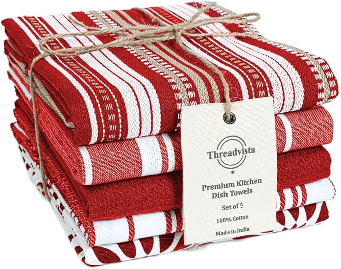 Assorted Kitchen Towels 100% Cotton Large 16x26 Inch Set of 5 - Soft Highly Absorbent Durable Reusable - Perfect for Drying Cleaning Everyday Kitchen Use - Quick Drying Dish Towels Red